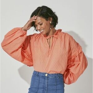 Cleobella Phoenix‎ Women's Orange Blouse with Balloon Sleeves Swiss Dot Sz M